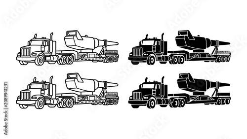 Tableau sur toile Heavy Duty Transport: A collection of stylized semi-trailer trucks, both in black and white, hauling oversized loads, likely specialized machinery or aircraft components