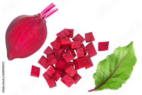 beetroot diced isolated on white background with  full depth of field. Top view. Flat lay