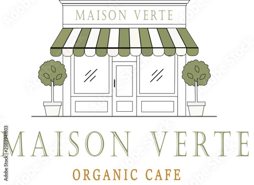 Elegant Organic Cafe Storefront Logo Design with Green Striped Awning and Potted Trees, Vintage French Bistro Facade Illustration for Branding


