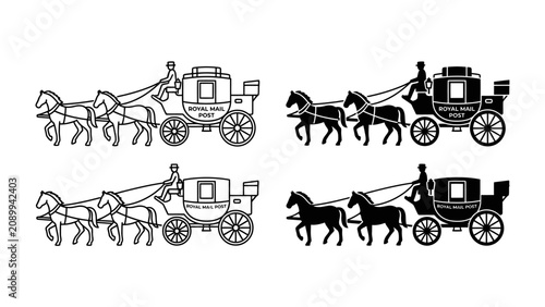Foto Vintage Coach: A set of four vintage coach illustrations, featuring horse-drawn carriages with drivers and passengers, presented in both line art and silhouette styles