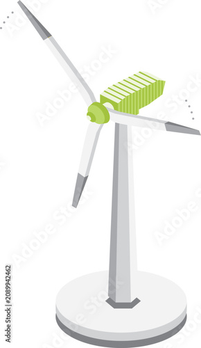 Isometric of a wind power plant with three green and yellow turbines on a white background, isometric wind power plant