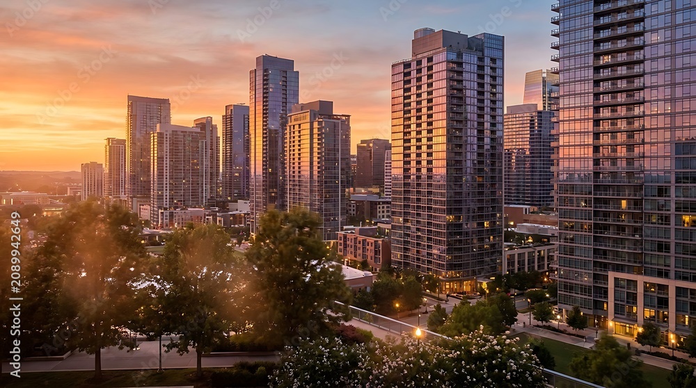 Fototapeta premium Modern city skyline with tall buildings and skyscrapers during a beautiful colorful sunset in the evening light