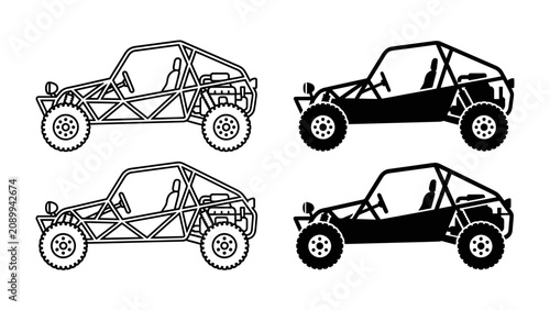 Fotografie Off-road Buggy Set: A collection of four off-road buggy vehicles, presented in both outline and silhouette styles, ready for adventure and exploration on rugged terrain