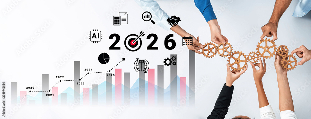 Obraz premium Bar graphs, charts, and number 2026 with AI and data analysis icons symbolizing future business innovation and analytics Parse