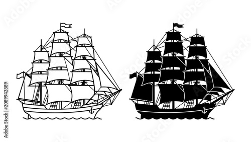 Canvas Print Vintage Tall Ships: Two intricately detailed illustrations of vintage tall ships, one in black and white outline and the other in silhouette