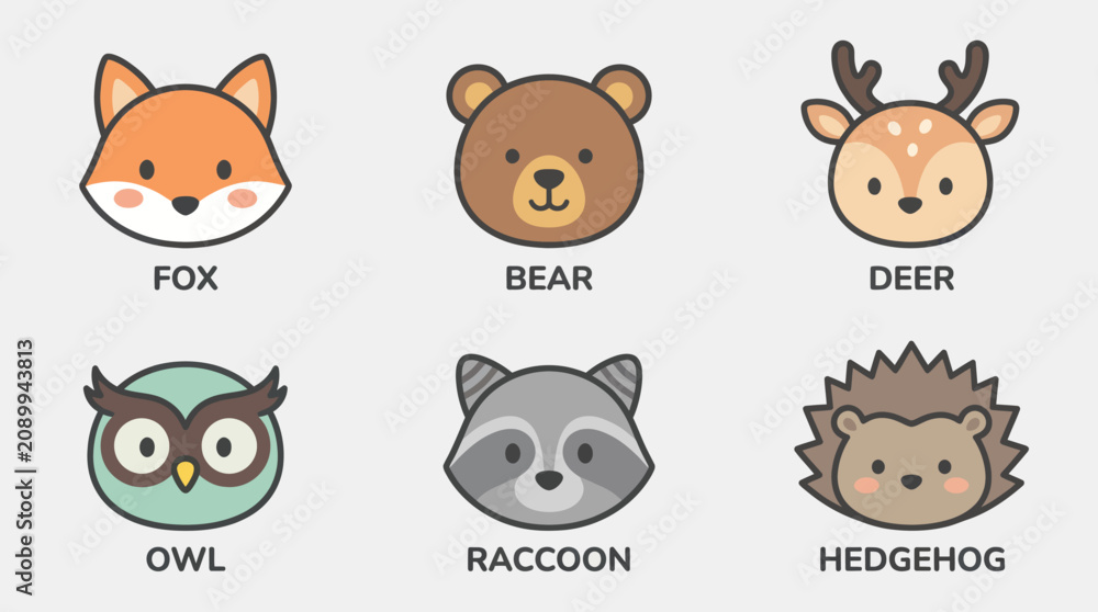 Fototapeta premium Cute woodland animal faces set