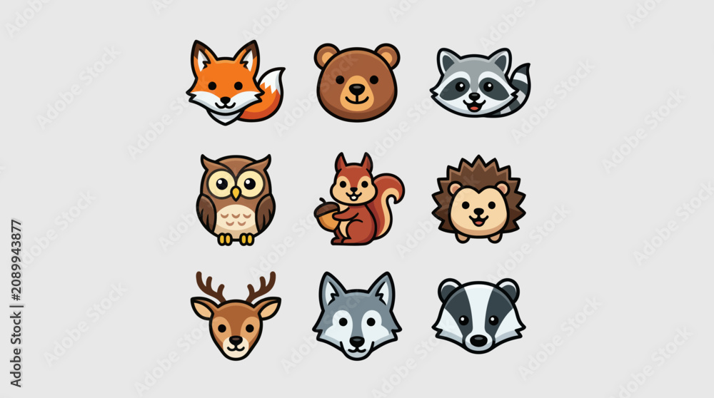 Fototapeta premium Cute woodland animal icons collection
