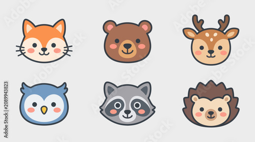 Cute woodland animal faces set