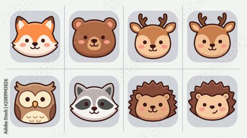 Cute woodland animal faces set