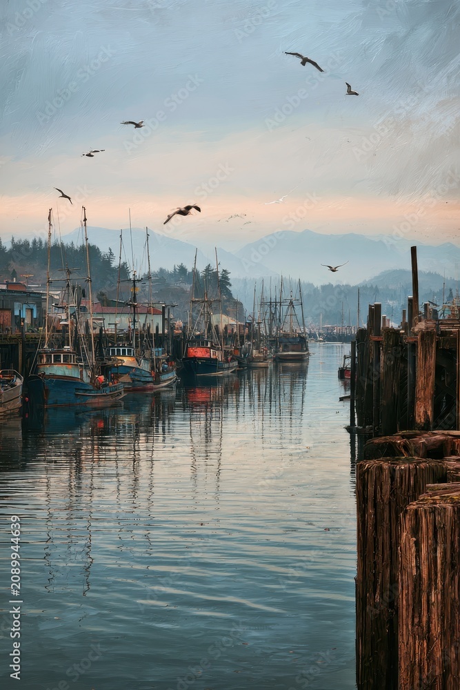 Fototapeta premium Sitka Harbor Scene: Docks, Fishing Boats, and Mountain Backdrop