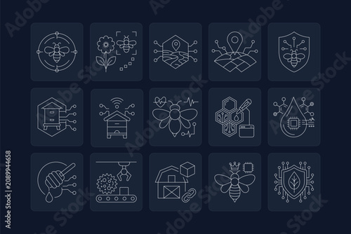Editable stock line icons illustrating smart beekeeping and agricultural technology concepts