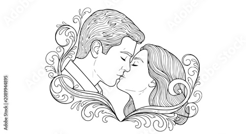 Photos Romantic Couple Kissing Outline Illustration with Floral Swirls