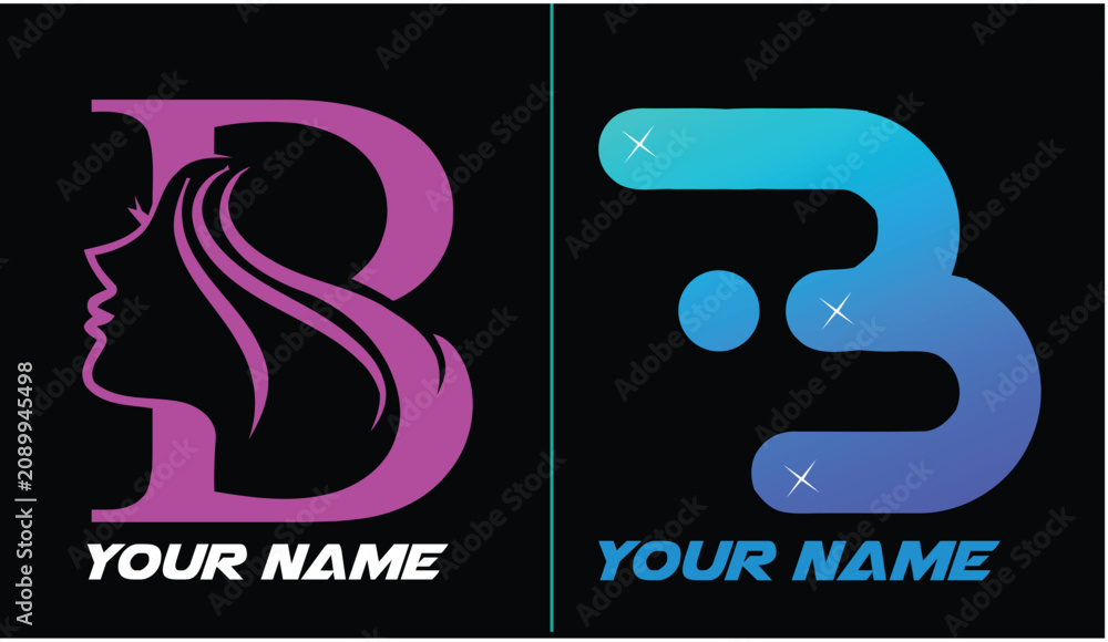 Obraz premium Letter b with woman profile silhouette and number 3 with blue gradient and sparkling star typography