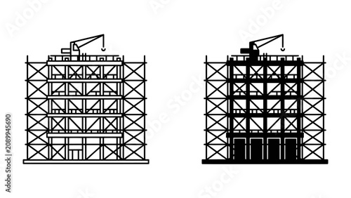 Принти на полотні Building Under Construction: Two architectural illustrations depict a multi-story building encased in scaffolding, with a crane overhead, representing the process of construction and development