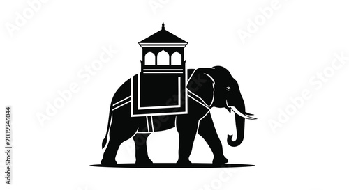 Elephant with howdah structure on its back a black silhouette against a white background silhouette tusks trunk pachyderm mammal animal
