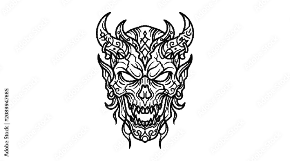 Fototapeta premium Haunted mask. Modern premium black outline vector style, pure black strokes, no fills, no gradients, no texture, crisp edges, balanced spacing, isolated on pure white background, professional Adobe St