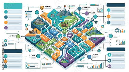 Isometric travel map infographic for strategic planning and tourism, featuring key points, destinations, and diverse landscapes with cultural landmarks like Cusco.
