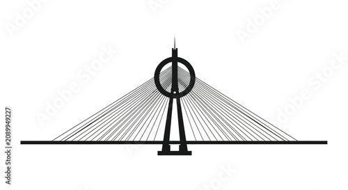 Obraz na plátně A black silhouette of a cable stayed bridge with a circular tower and white back