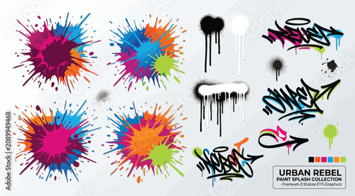 Quadro su tela Urban rebel graffiti paint splash collection with vector elements and spray pain