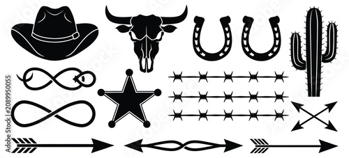 Foto Wild West Cowboy Element Bundle Featuring Black Silhouettes of Hat, Bull Skull,