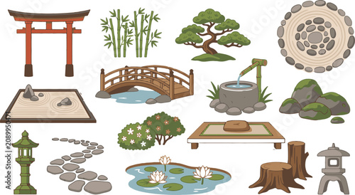 Bild auf Leinwand Japanese zen garden elements vector set with shinto torii gate bonsai tree and w