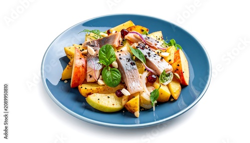 Colorful vegetable and chicken salad in blue bowl.