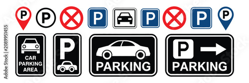 Obraz na plátně Car, Parking Icon Set Representing Car Parking Area, No Parking Signs, Vehicle Parking Symbols, Traffic Regulations, Public Safety, Urban Navigation, and Professional Vector Design Concepts