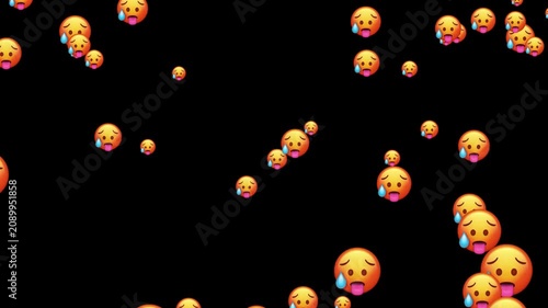 Crying face emoji pattern on dark background, emotional digital illustration with expressive depth and use for world emoji day