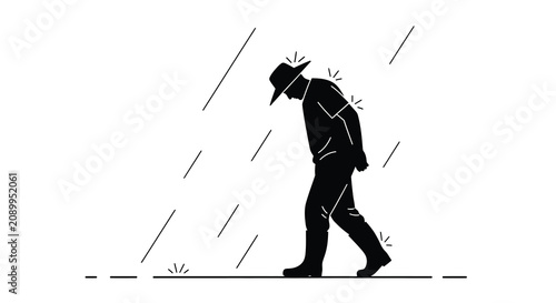Foto Silhouette of a man walking in rain with a hat and coat against a white backgrou