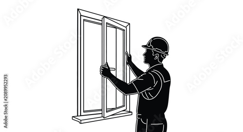 Foto Construction worker examining window frame with hand black and white silhouette