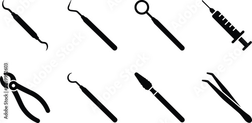 Fotografija Dental instruments silhouette icon set featuring mouth mirror explorer probe syr