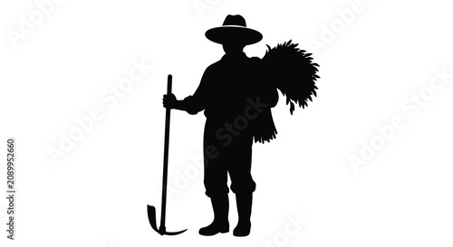Foto Farmer with scythe and bundle of wheat black silhouette against a white backgrou