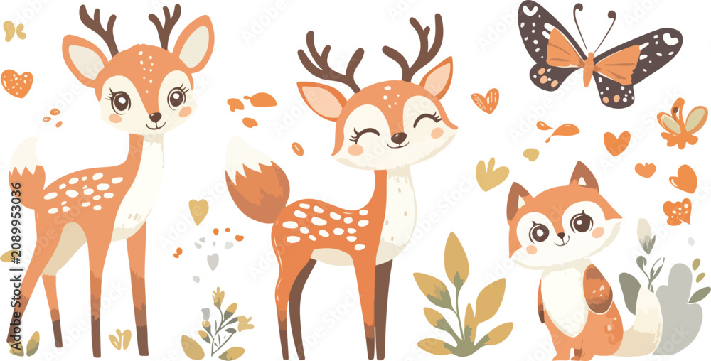 Fototapeta premium Seamless Woodland Pattern with Cute Deer and Fox Cartoon Animals in Winter Forest Vector Illustration with Reindeer Stag Antlers and Nature Wildlife Design for Christmas Fabric and Wrapping Paper