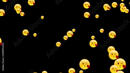 falling kiss face emojis on black background seamless animated reaction icons floating loop animation use for world emoji day and romantic theme