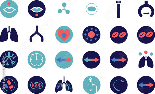 Respiratory and Lungs Health Icon Set with Breathing Heart and Medical Symbols