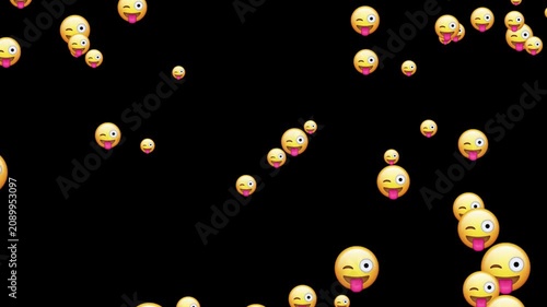 Falling emoji faces with winking and sticking out tongue playful digital elements for social media and online communication and world emoji day uses isolated on black background