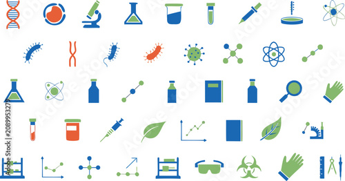 Science and Laboratory Icon Set with DNA Microscope Test Tubes and Chemistry Symbols