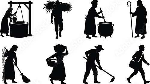 Photos Traditional Rural Worker Silhouette Collection with Farmer Homemaker Shepherd an