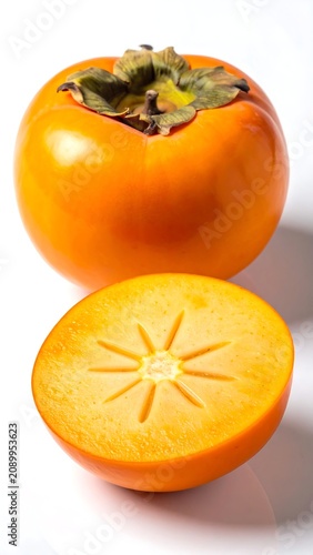 Orange fruit with star shaped citrus slices on white background.