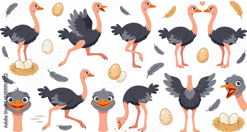 Obraz na plátne Cute cartoon ostrich vector illustration character set with funny birds running, standing in nest with eggs, dancing, eating, and showing various emotions