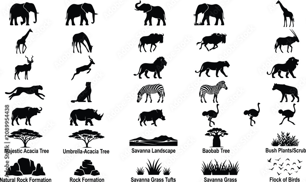 Fototapeta premium African Savanna Wildlife Silhouette Animals Trees Grass Landscape Vector Illustration Set Collection Bundle Pack