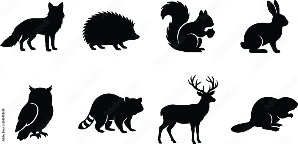 Obraz premium Forest Animal Silhouette Set with Fox Deer Owl Rabbit and Woodland Wildlife Vectors