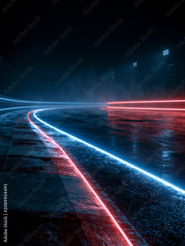 Obraz premium Illuminated 3D Race Track with Glowing Finish Line in Dark Atmosphere Capturing Dynamic Energy of Competition
