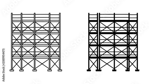 Industrial Scaffolding Structures: Two distinct representations of industrial scaffolding, one in outline and one in solid form, showcase the complex framework used in construction and industry.
