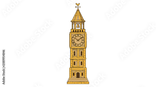 Tower clock with a weather vane on top featuring a vintage architectural design illustration