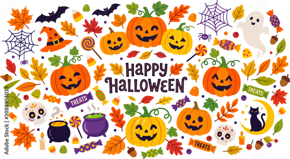 Fototapeta premium Happy halloween colorful pumpkins and spooky icons