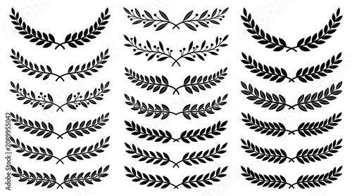 Set of black laurel leaf wreaths and branch dividers for wedding invitation card designs.