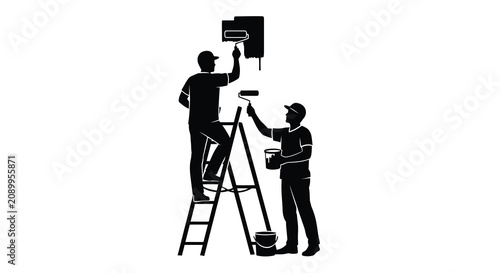 Two painters on a ladder applying paint to a wall black silhouette painter painting wall men worker workers construction renovation