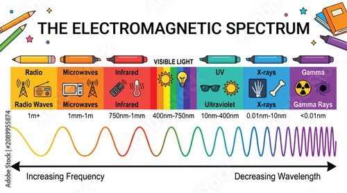 Electromagnetic spectrum infographic with wavelength and frequency visualization vector diagram