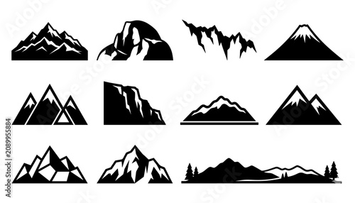 Bild auf Leinwand Mountains Landscape Icons Set with Black Silhouettes and White Outlines for Outd